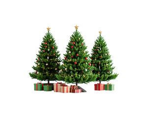 Fototapeta premium Christmas tree decorated with red and gold ornaments, balls and stars, surrounded by gift boxes and wrapped presents isolated on white background