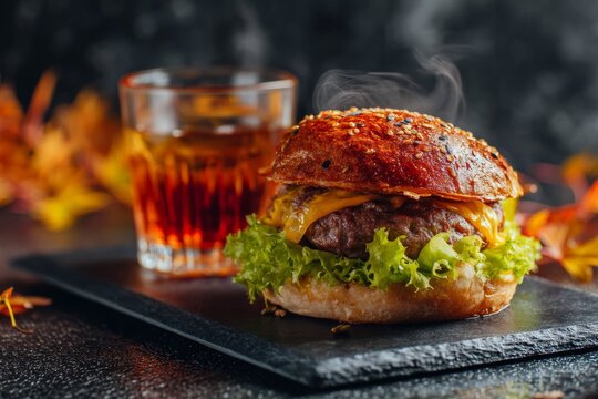 A delicious cheeseburger with lettuce on a black slate plate. A glass of whiskey is beside it. Autumn leaves are scattered in the background.