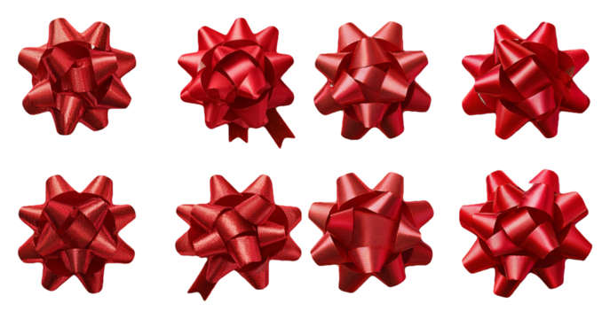 Shiny red gift bows with various reflections isolated on transparent background