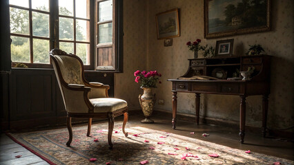 Sunlight streams through a vintage window illuminating an antique armchair next to a wooden desk in a dimly lit room