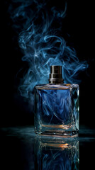 A glass perfume bottle with a silver cap emits blue smoke against a dark background. The scene conveys a sense of elegance and mystery, with ample copy space.
