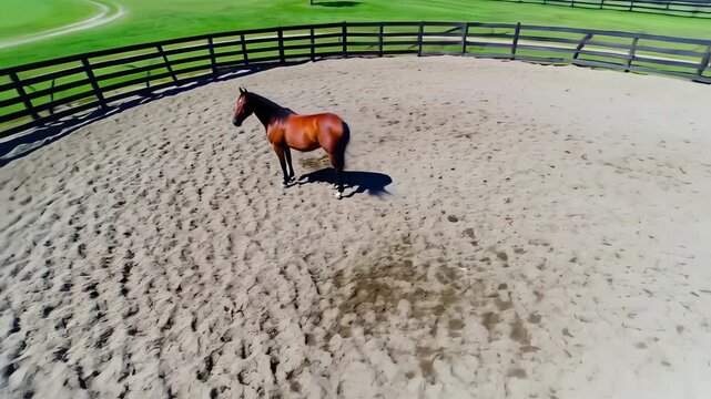 Majestic Horse in Round Pen, Equestrian Center, Aerial View