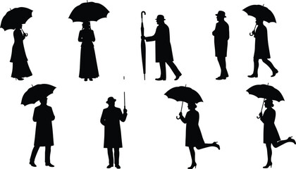 Silhouettes of people holding umbrellas, walking in rain, jumping, standing, urban scene, black and white illustration, weather, lifestyle, motion