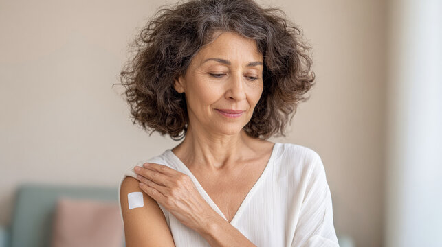 Mature woman gently touching shoulder with adhesive bandage, symbolizing vaccination, health care, and medical awareness in a calm indoor setting.