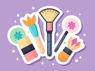 Cosmetic Beauty Products and Makeup Tools on a Purple Background with Stars and Circles Decoration