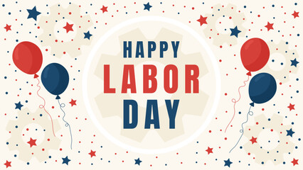 Happy Labor Day Poster with Balloons and Gears in Minimal Flat Style.