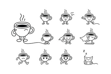 Whimsical coffee cups with expressive faces and animated poses cartoon character