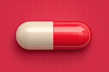 High-angle view of a single capsule pill, cream-colored and red, on a bright crimson background