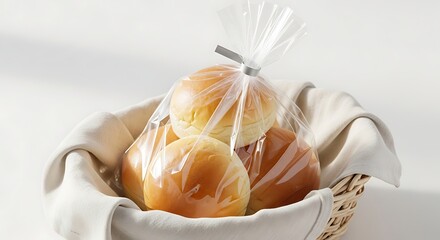 Freshly baked rolls in a basket, sealed in a clear plastic bag for freshness