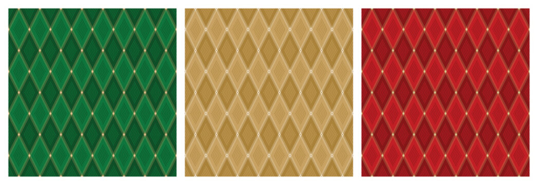 Vector Set of Christmas Argyle Seamless Patterns - Green, Golden, Red Geometric Diamond Holiday Backgrounds