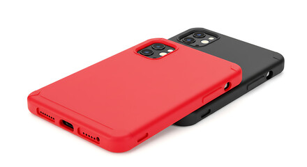 Two smartphone cases, one red and one black, are stacked diagonally on a white surface, showcasing their design and camera cutouts.
