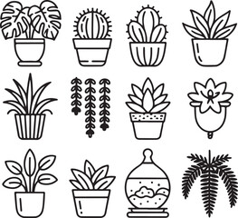 Potted plant and houseplant vector icon collection. Simple black and white line art illustrations for gardening and botanical themes.