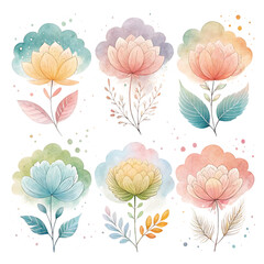 Six watercolor floral illustrations with soft pastel colors on a black background