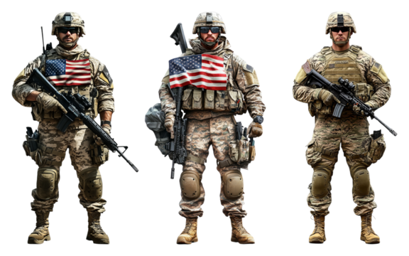 Three Armed Soldiers in Camouflage Uniforms with American Flags, isolated on transparent background
