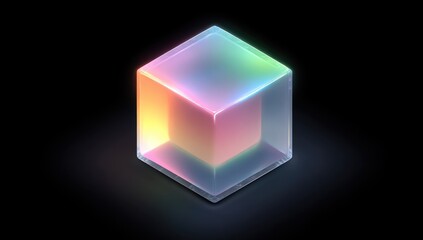 A translucent, glowing cube with iridescent colors, set against a dark background