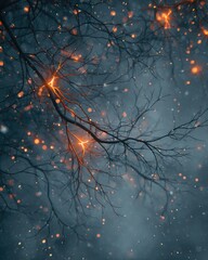 Dark branches with glowing orange sparks against a misty backdrop