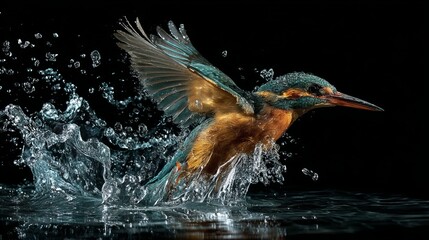 A vibrant kingfisher splashes out of the water, showcasing its brilliant colors against a dark backdrop.