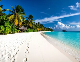 Idyllic tropical beach with turquoise water and palm trees invites relaxation and escape
