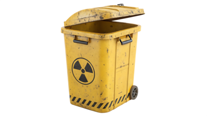Yellow radioactive waste bin isolated on transparent background, symbolizing hazardous materials and environmental pollution with open lid