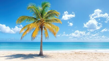 Tropical beach scene with lone palm tree