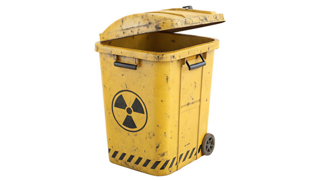 Yellow radioactive waste bin isolated on transparent background, symbolizing hazardous materials and environmental pollution with open lid