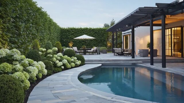 Modern Backyard Oasis with Pool and Lounge Area for Relaxation and Entertaining