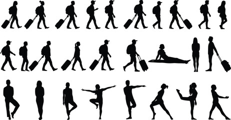 Silhouettes of travelers, luggage, yoga poses, walking posture, exercise routine, vector set, black, white, lifestyle, movement, people illustration