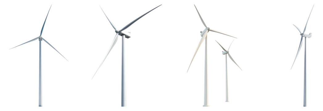 Wind Turbines in Various Positions Against Clear Blue Sky