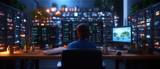 Advanced cybersecurity analyst working at night in a high-tech server room with multiple monitors displaying data