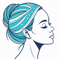 Woman with blue hair in bun, line drawing.

