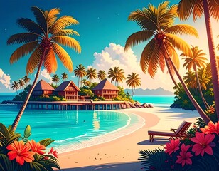 Idyllic tropical getaway resort with palm trees and turquoise ocean in vibrant colors