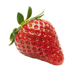 Close-up of a single, bright red strawberry.  Fresh, ripe berry with green leaves and stem.  High-quality, detailed image