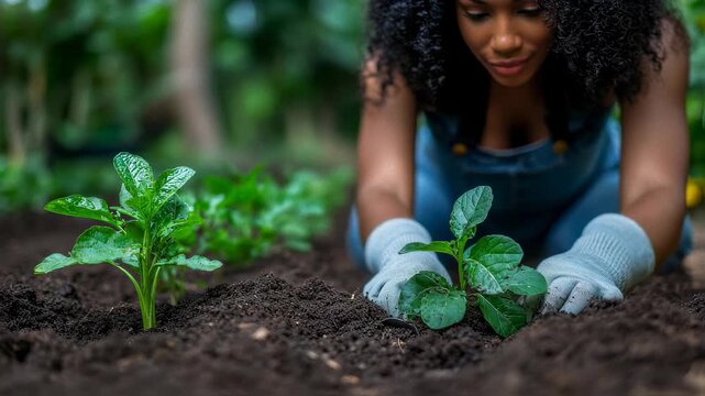 African American woman planting new plants in the garden soil for cultivation
