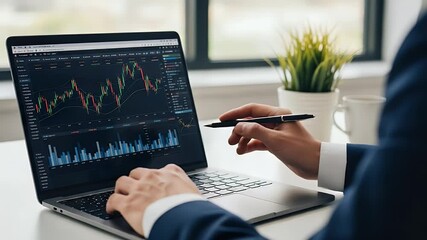 Businessperson analyzing financial graphs on laptop - Powered by Adobe
