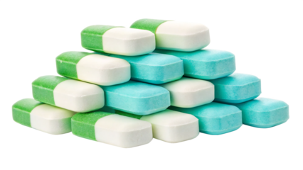 Pile of green and white pills isolated on transparent background, representing medication, health, and pharmaceutical industry