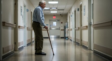 Man walking with cane in hallway under soft hospital lighting with steady movement in detail