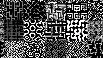 Fototapeta premium A black and white patchwork of geometric patterns, intricate mazes, and organic shapes