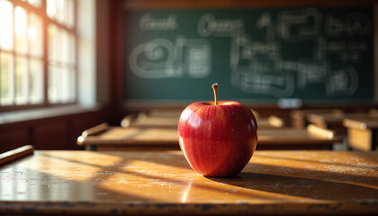 Single red apple on wooden desk in classroom with sunlight  