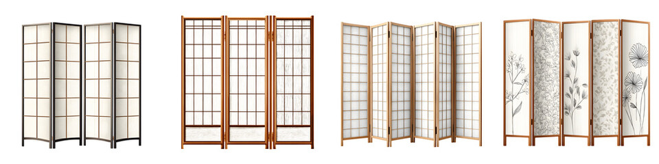 Set of Four Folding Room Dividers with Wood Frames and Decorative Panels, Traditional and Modern Home Decor, White Background, Studio Shot