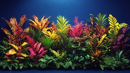 Vibrant tropical plants in a colorful wall display