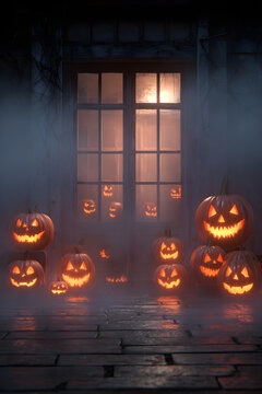 Enigmatic haunted house enveloped in fog with luminous pumpkins, casting an eerie glow through aged windows, perfect for Halloween atmosphere and chilling narrative.