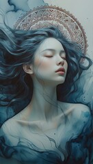 Serene Watercolor Portrait of a Woman with Flowing Hair and Mandala