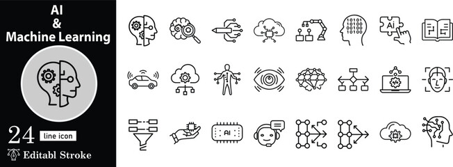 Ai and machine learning line icons set artificial intelligence outline vector symbols future technology neural network cognitive computing automation and data science elements