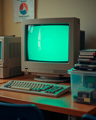 1990s computer lab desk &mdash; CRT monitor, wired keyboard