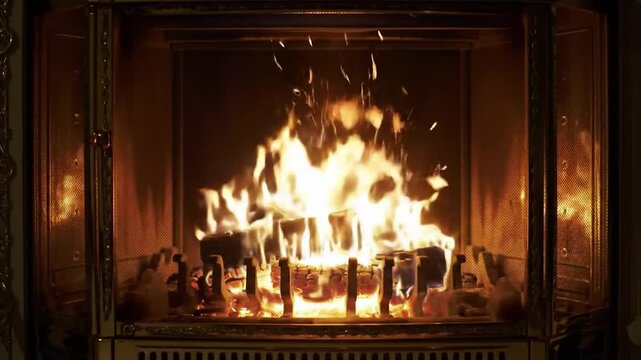 Ornate fireplace with golden trim, flickering flames engulf logs on a grate. Protective mesh screens flank the fire. Warm, inviting glow