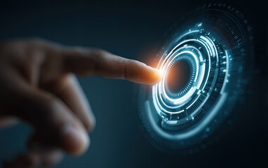 A hand interacts with a glowing, digital interface.  A finger touches a central button on a layered, technological design