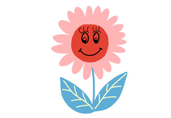 A pink smiling sunflower brightens the scene. Soft blue pastel leaves add charm. Perfect for cheerful children's design elements.