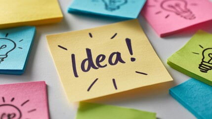  yellow Post-it note with handwritten 'Idea!' and a lightbulb icon. surrounded by colorful Post-its.