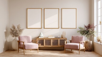 Fototapeta premium Minimalist room setting with three blank frames, soft pink chairs, and neutral tones