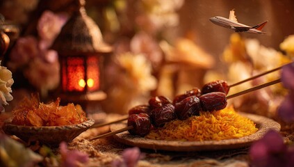 Dates on skewers, saffron rice, lantern, flowers, and airplane